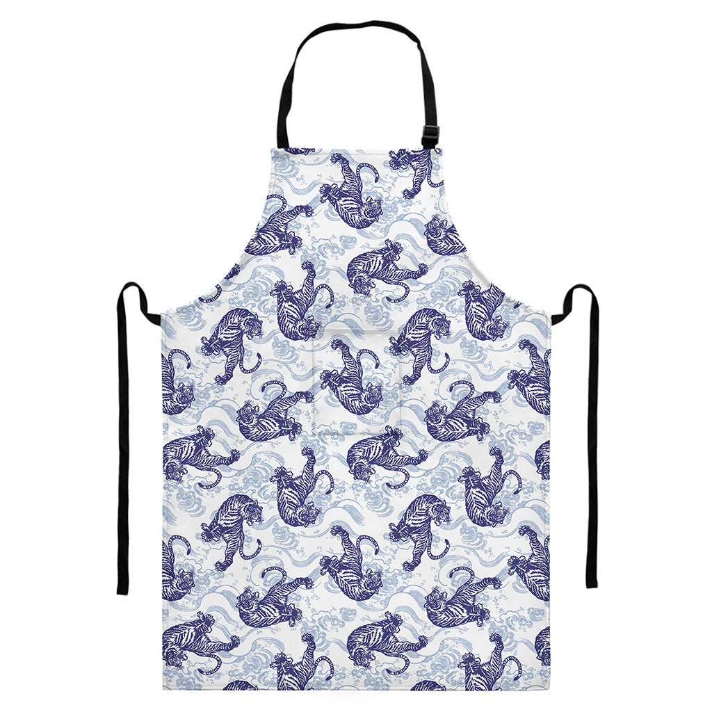 Japanese White Tiger Pattern Print Bib Apron With Pocket