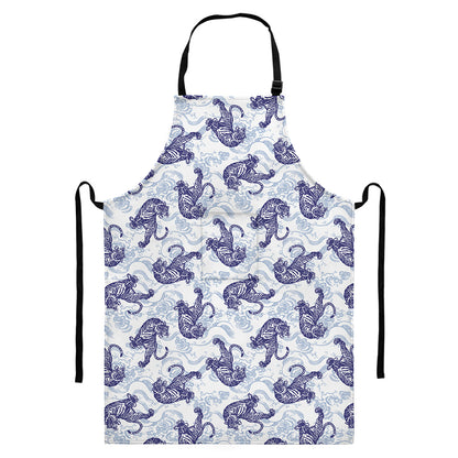 Japanese White Tiger Pattern Print Bib Apron With Pocket