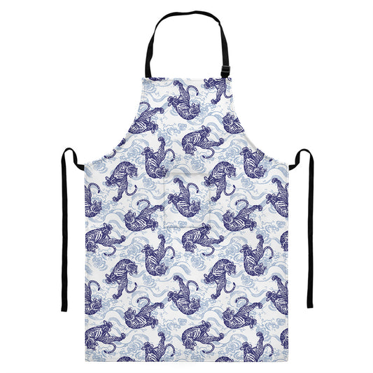 Japanese White Tiger Pattern Print Bib Apron With Pocket