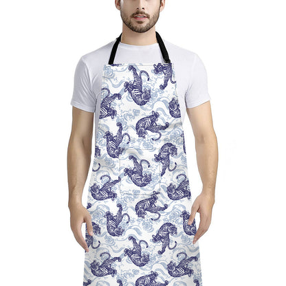 Japanese White Tiger Pattern Print Bib Apron With Pocket