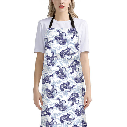 Japanese White Tiger Pattern Print Bib Apron With Pocket