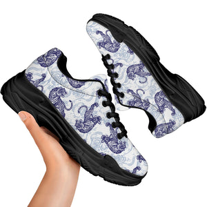 Japanese White Tiger Pattern Print Black Chunky Shoes