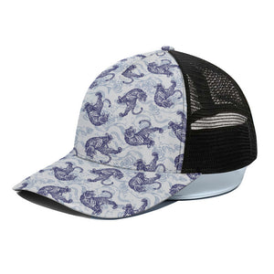 Japanese White Tiger Pattern Print Black Mesh Trucker Cap