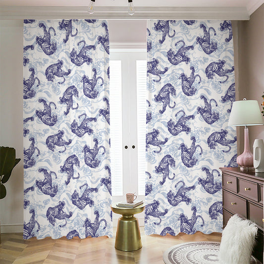 Japanese White Tiger Pattern Print Blackout Pencil Pleat Curtains
