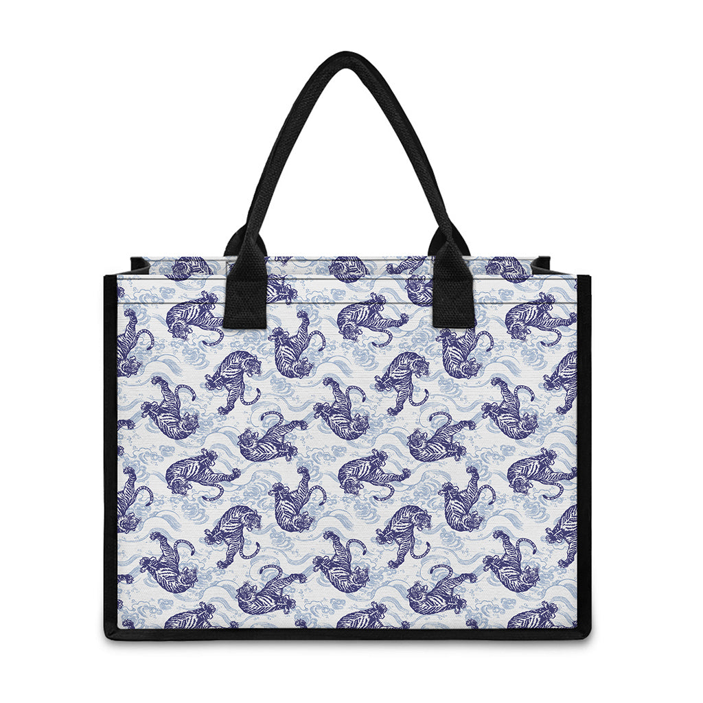 Japanese White Tiger Pattern Print Canvas Tote Bag