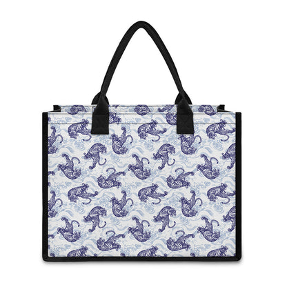 Japanese White Tiger Pattern Print Canvas Tote Bag