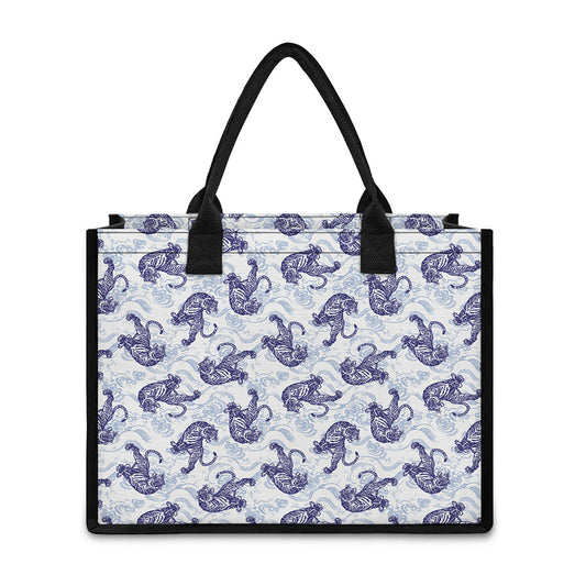 Japanese White Tiger Pattern Print Canvas Tote Bag