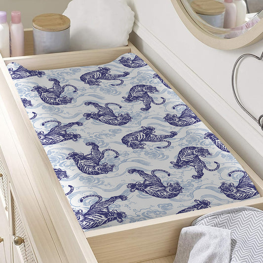Japanese White Tiger Pattern Print Changing Pad Cover