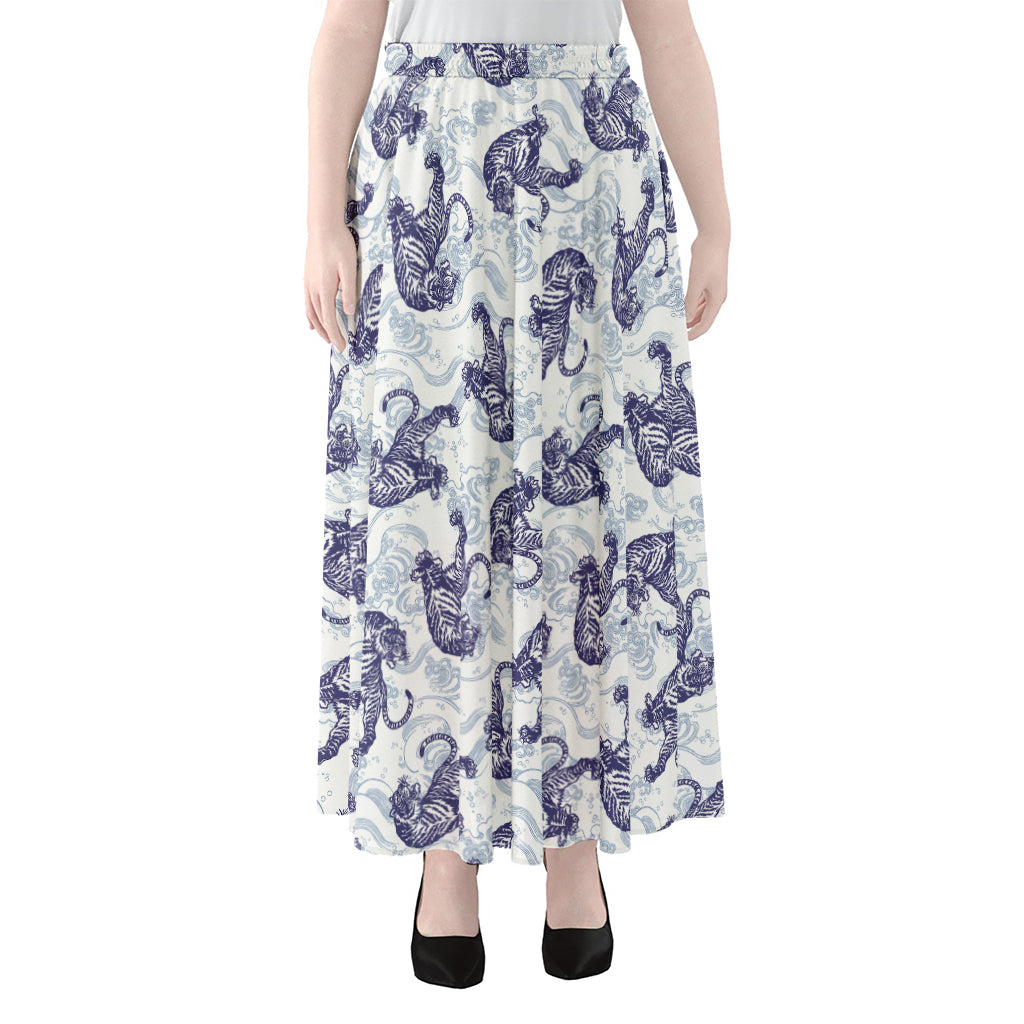 Japanese White Tiger Pattern Print Chiffon Maxi Skirt