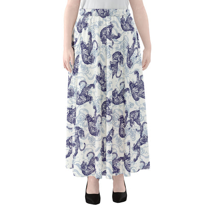 Japanese White Tiger Pattern Print Chiffon Maxi Skirt