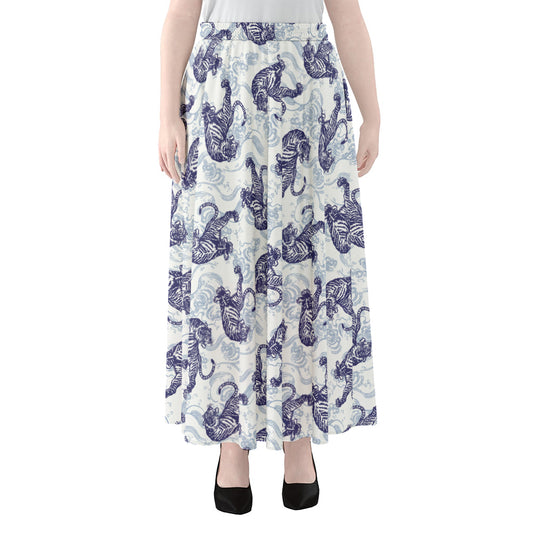 Japanese White Tiger Pattern Print Chiffon Maxi Skirt