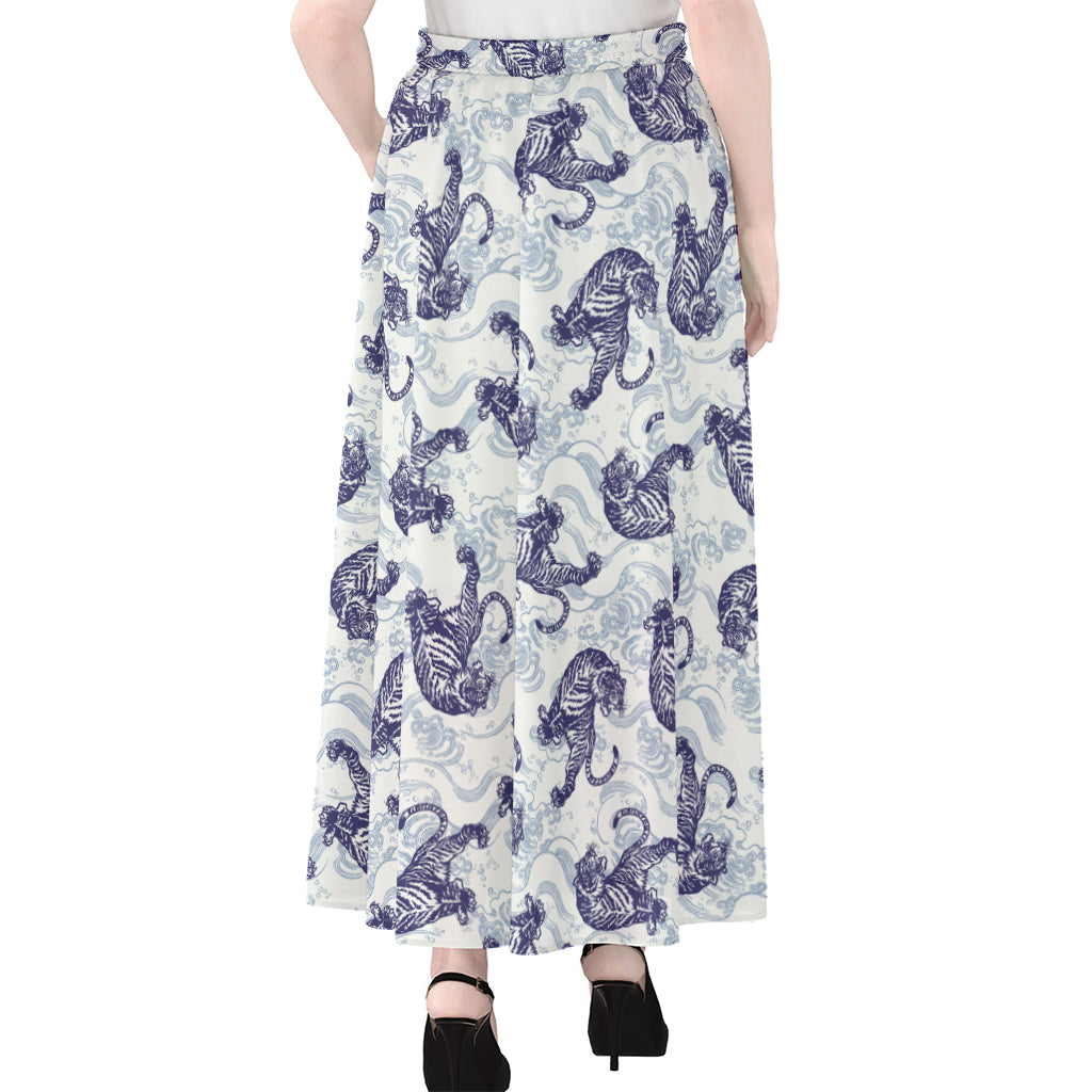 Japanese White Tiger Pattern Print Chiffon Maxi Skirt