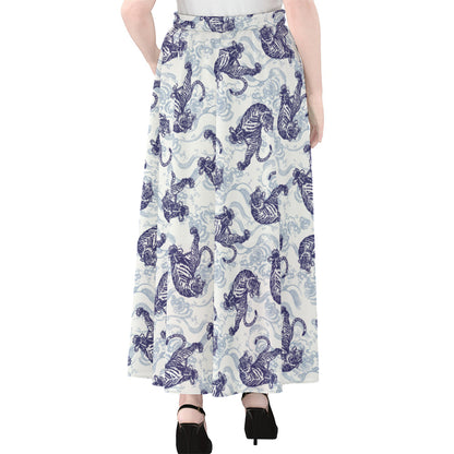 Japanese White Tiger Pattern Print Chiffon Maxi Skirt