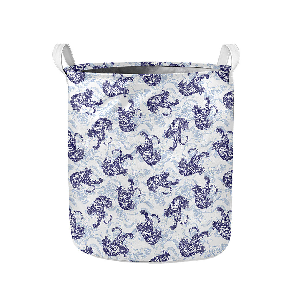 Japanese White Tiger Pattern Print Collapsible Laundry Basket