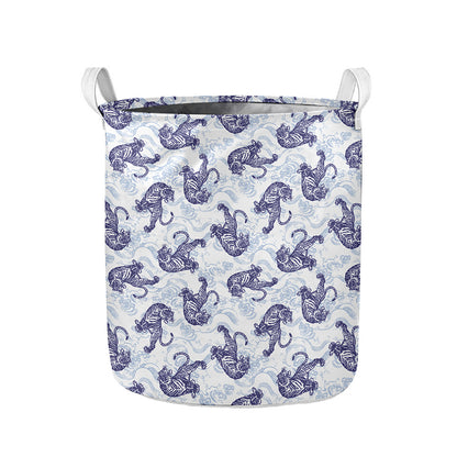 Japanese White Tiger Pattern Print Collapsible Laundry Basket