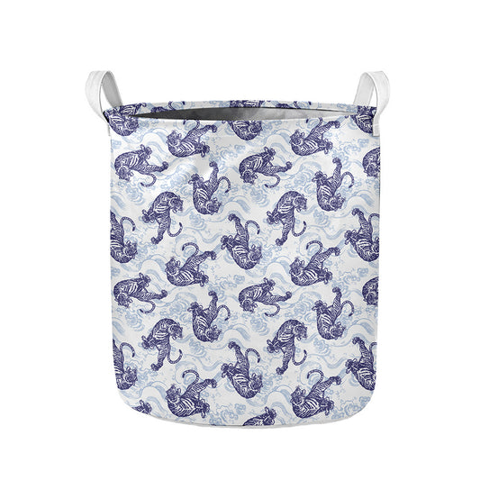 Japanese White Tiger Pattern Print Collapsible Laundry Basket