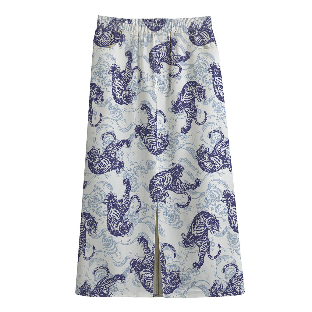 Japanese White Tiger Pattern Print Cotton Front Slit Maxi Skirt