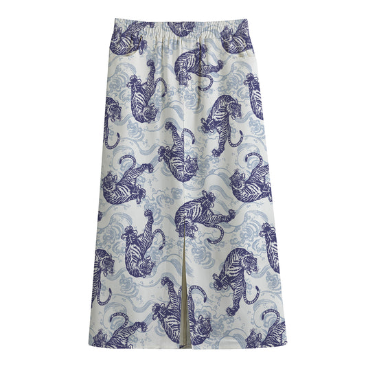 Japanese White Tiger Pattern Print Cotton Front Slit Maxi Skirt