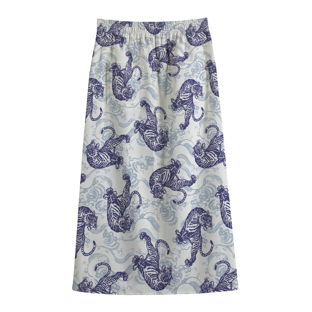 Japanese White Tiger Pattern Print Cotton Front Slit Maxi Skirt