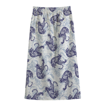 Japanese White Tiger Pattern Print Cotton Front Slit Maxi Skirt