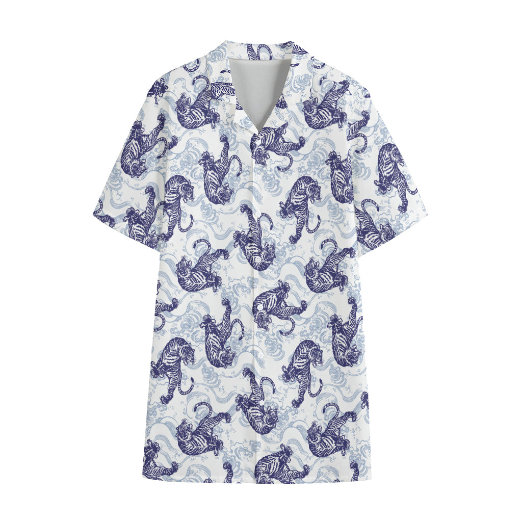 Japanese White Tiger Pattern Print Cotton Hawaiian Shirt