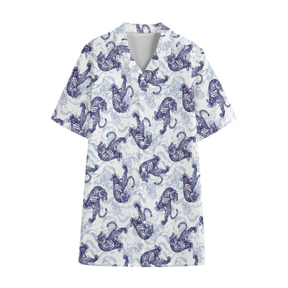 Japanese White Tiger Pattern Print Cotton Hawaiian Shirt