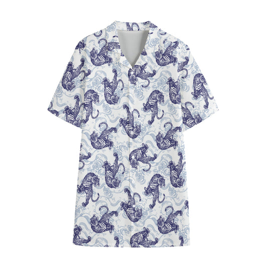 Japanese White Tiger Pattern Print Cotton Hawaiian Shirt