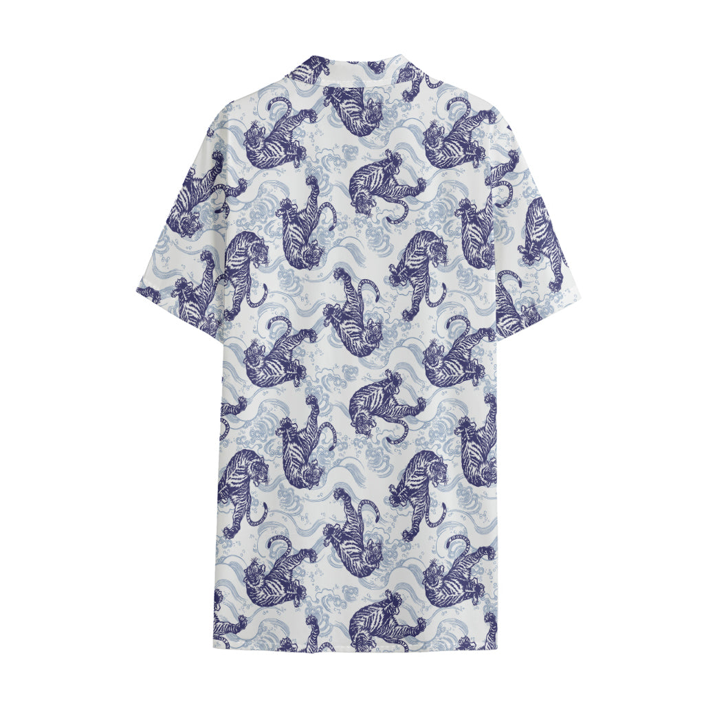Japanese White Tiger Pattern Print Cotton Hawaiian Shirt