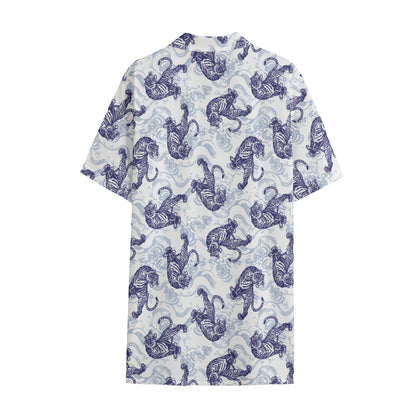Japanese White Tiger Pattern Print Cotton Hawaiian Shirt