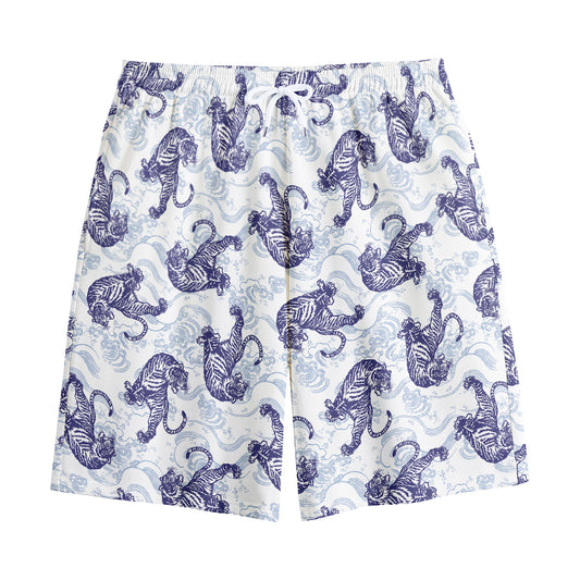 Japanese White Tiger Pattern Print Cotton Shorts