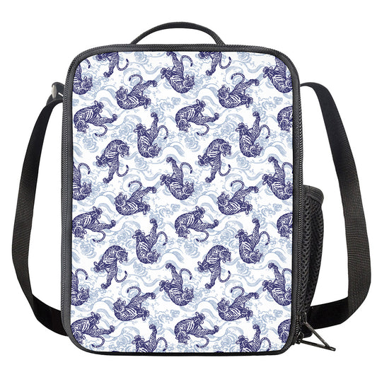 Japanese White Tiger Pattern Print Crossbody Lunch Bag