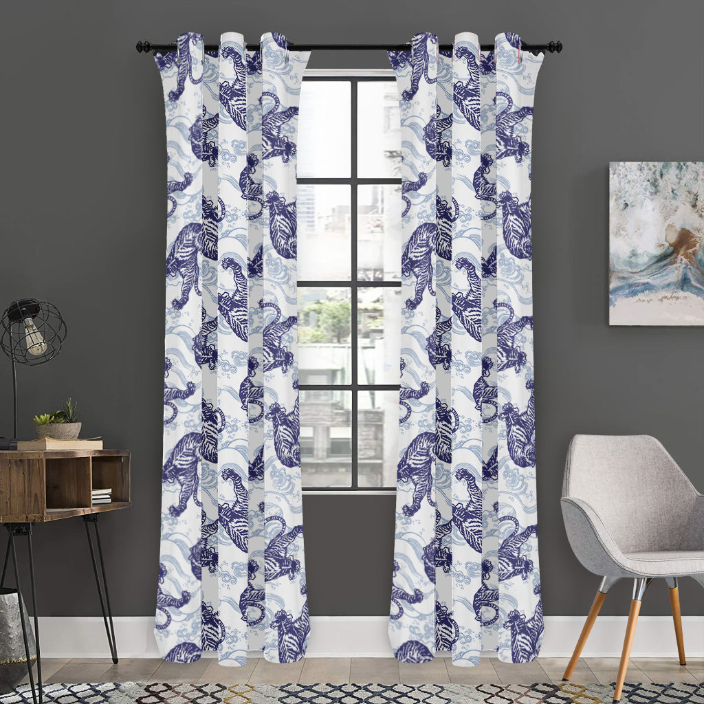 Japanese White Tiger Pattern Print Curtain