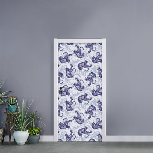 Japanese White Tiger Pattern Print Door Sticker