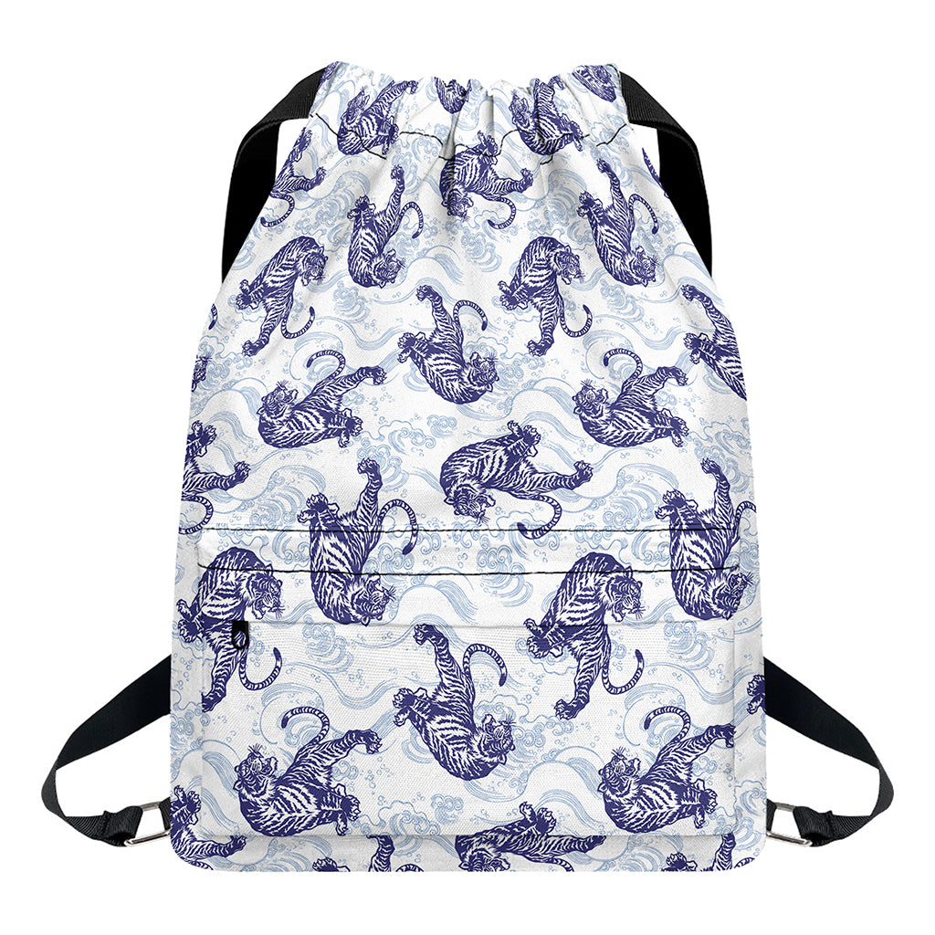 Japanese White Tiger Pattern Print Drawstring Backpack