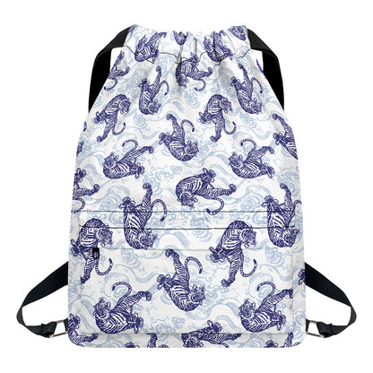 Japanese White Tiger Pattern Print Drawstring Backpack