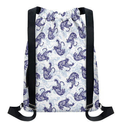 Japanese White Tiger Pattern Print Drawstring Backpack