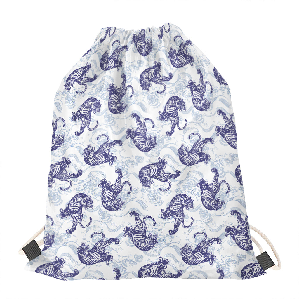Japanese White Tiger Pattern Print Drawstring Bag
