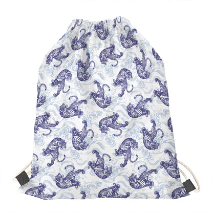 Japanese White Tiger Pattern Print Drawstring Bag