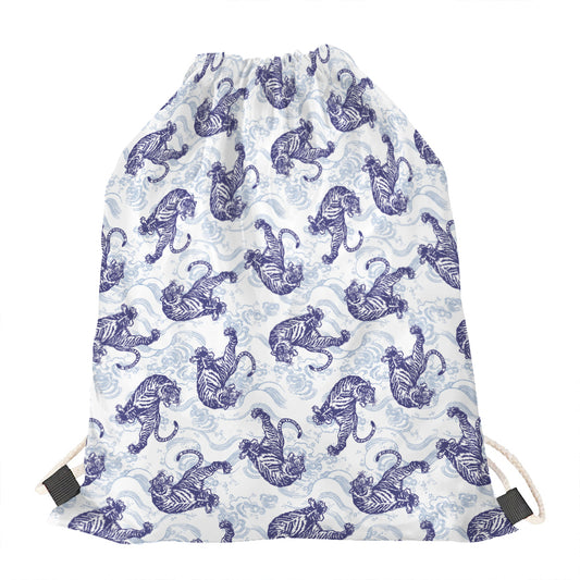 Japanese White Tiger Pattern Print Drawstring Bag