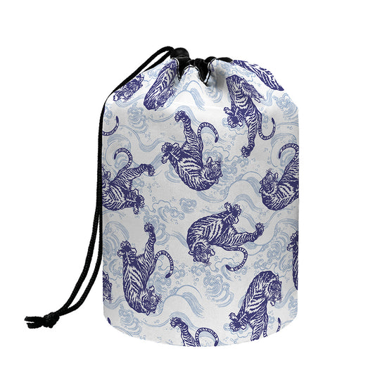 Japanese White Tiger Pattern Print Drawstring Makeup Bag