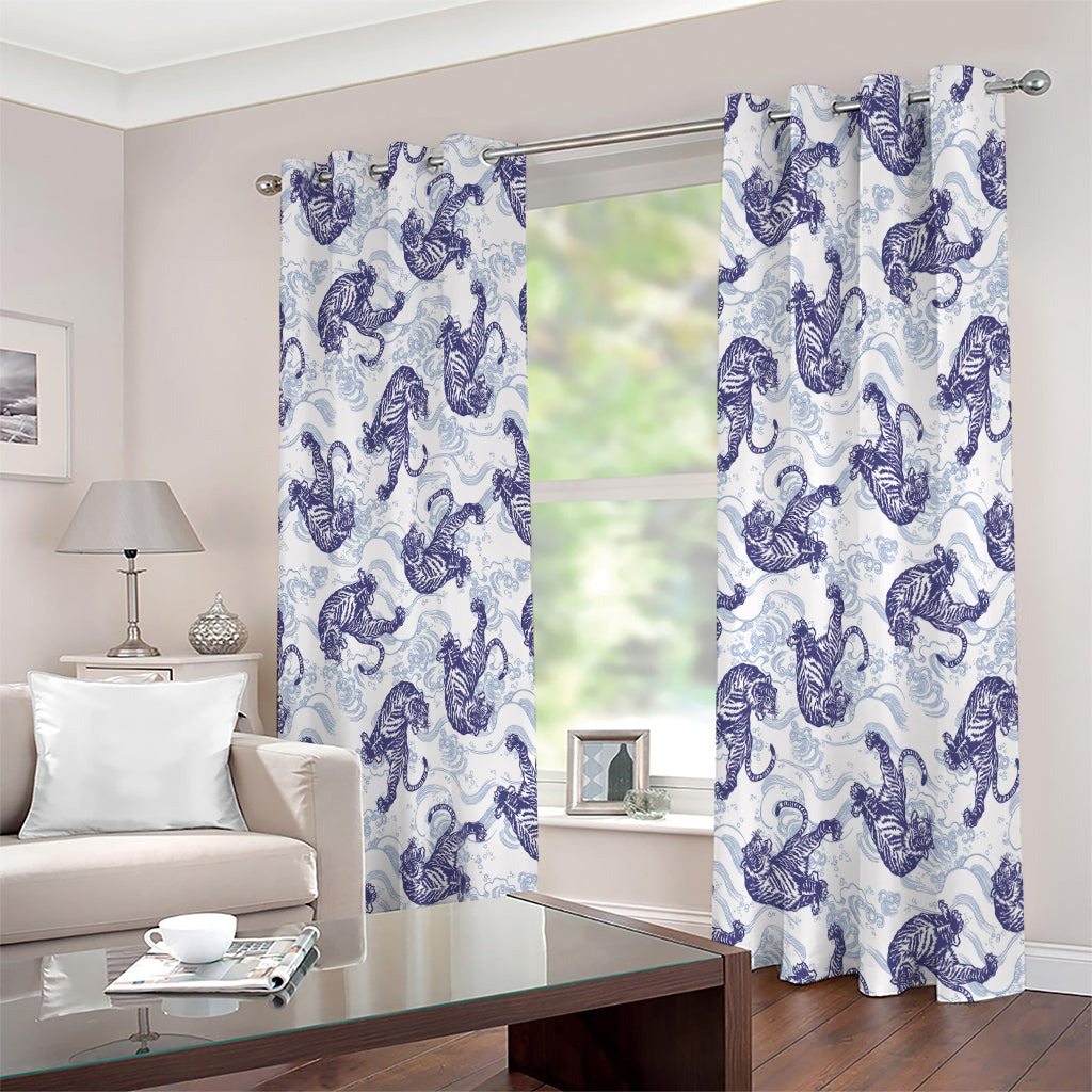 Japanese White Tiger Pattern Print Extra Wide Grommet Curtains