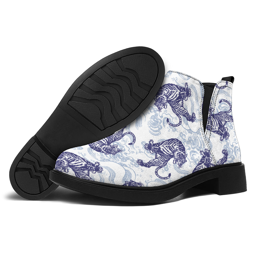 Japanese White Tiger Pattern Print Flat Ankle Boots