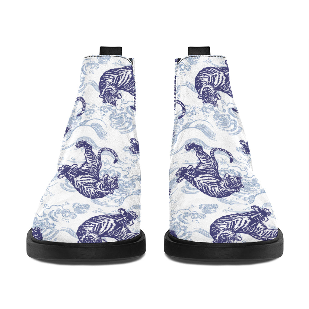 Japanese White Tiger Pattern Print Flat Ankle Boots
