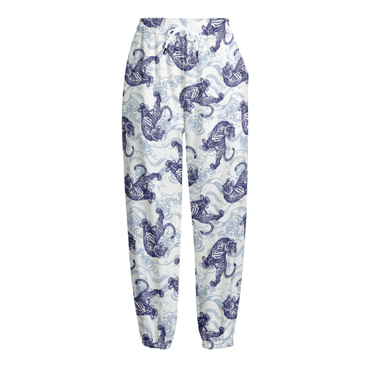 Japanese White Tiger Pattern Print Fleece Lined Knit Pants