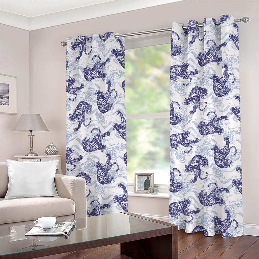 Japanese White Tiger Pattern Print Grommet Curtains