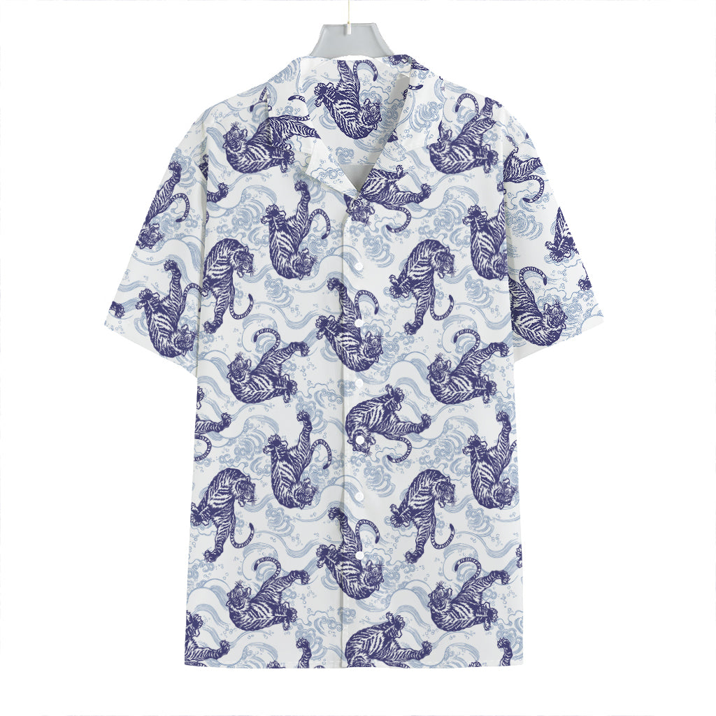 Japanese White Tiger Pattern Print Hawaiian Shirt