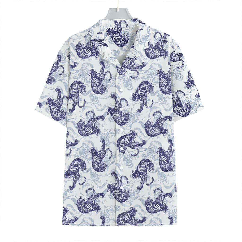 Japanese White Tiger Pattern Print Hawaiian Shirt