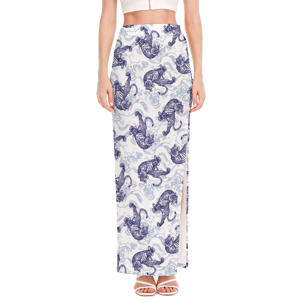 Japanese White Tiger Pattern Print High Slit Maxi Skirt