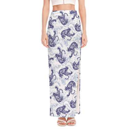 Japanese White Tiger Pattern Print High Slit Maxi Skirt