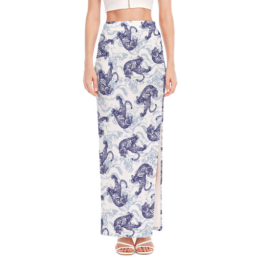 Japanese White Tiger Pattern Print High Slit Maxi Skirt